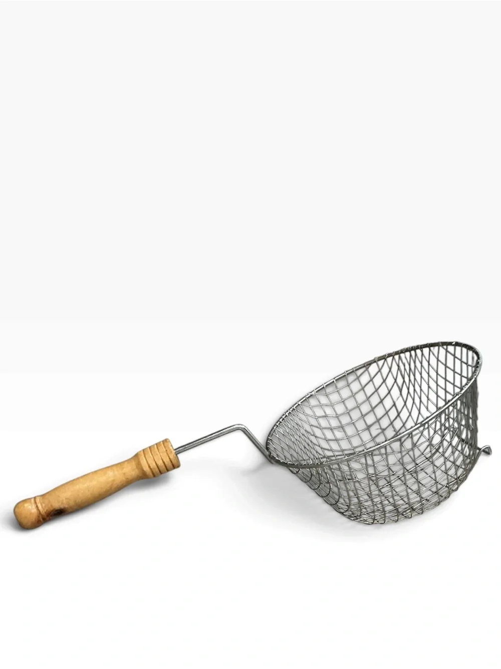 Vintage Wire Mesh Fry Basket Strainer Wood Handle Pot Rest Hook 14”